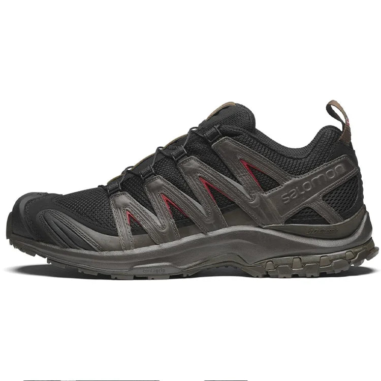 Salomon XA‑PRO 3D Series Black Dark Brown Red Accent Mesh Trail Hiking Sneakers