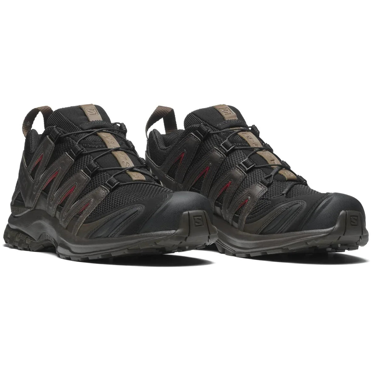 Salomon XA‑PRO 3D Series Black Dark Brown Red Accent Mesh Trail Hiking Sneakers